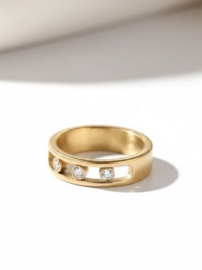 Minimalist Trio Band Ring CZ 18k Gold Plated Stainless Steel Hypoallergenic